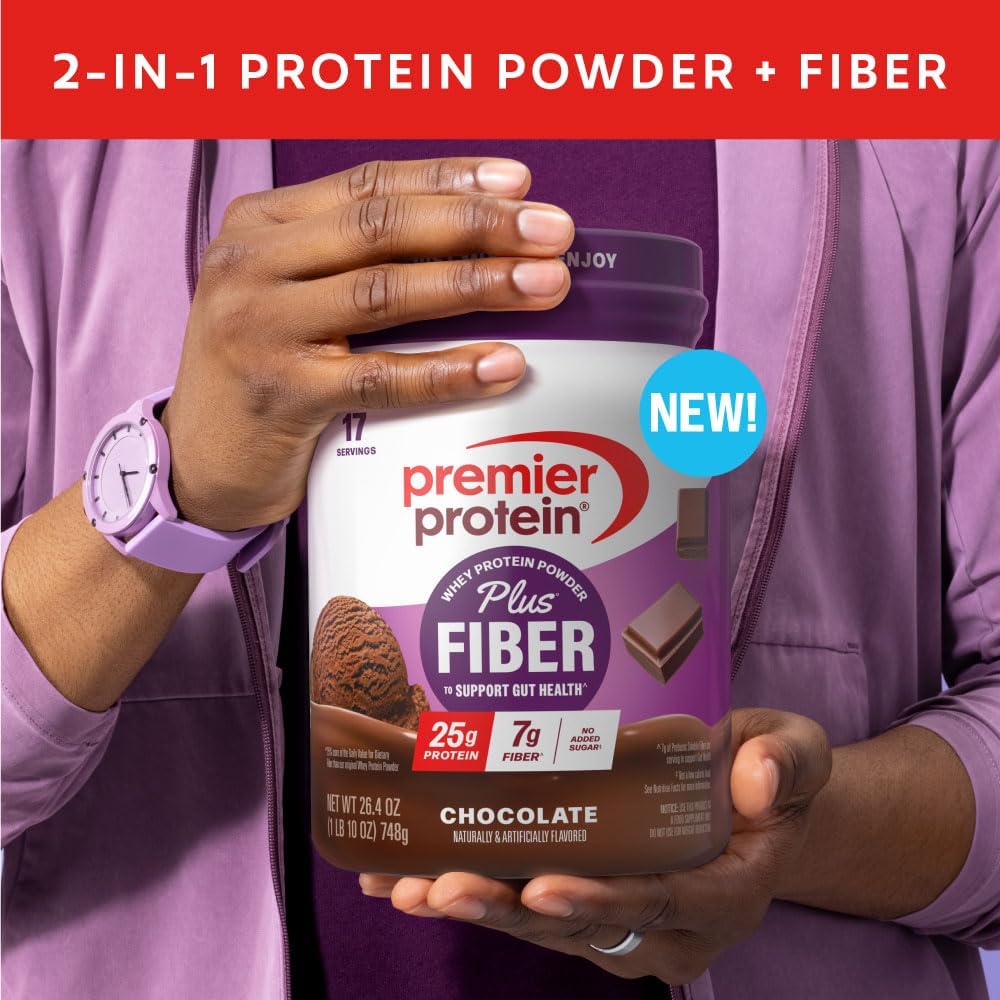 Premier Protein Powder Plus Fiber, Chocolate, 25g Protein, 7g Fiber to Support Gut Health, No Added Sugar (17 Servings)