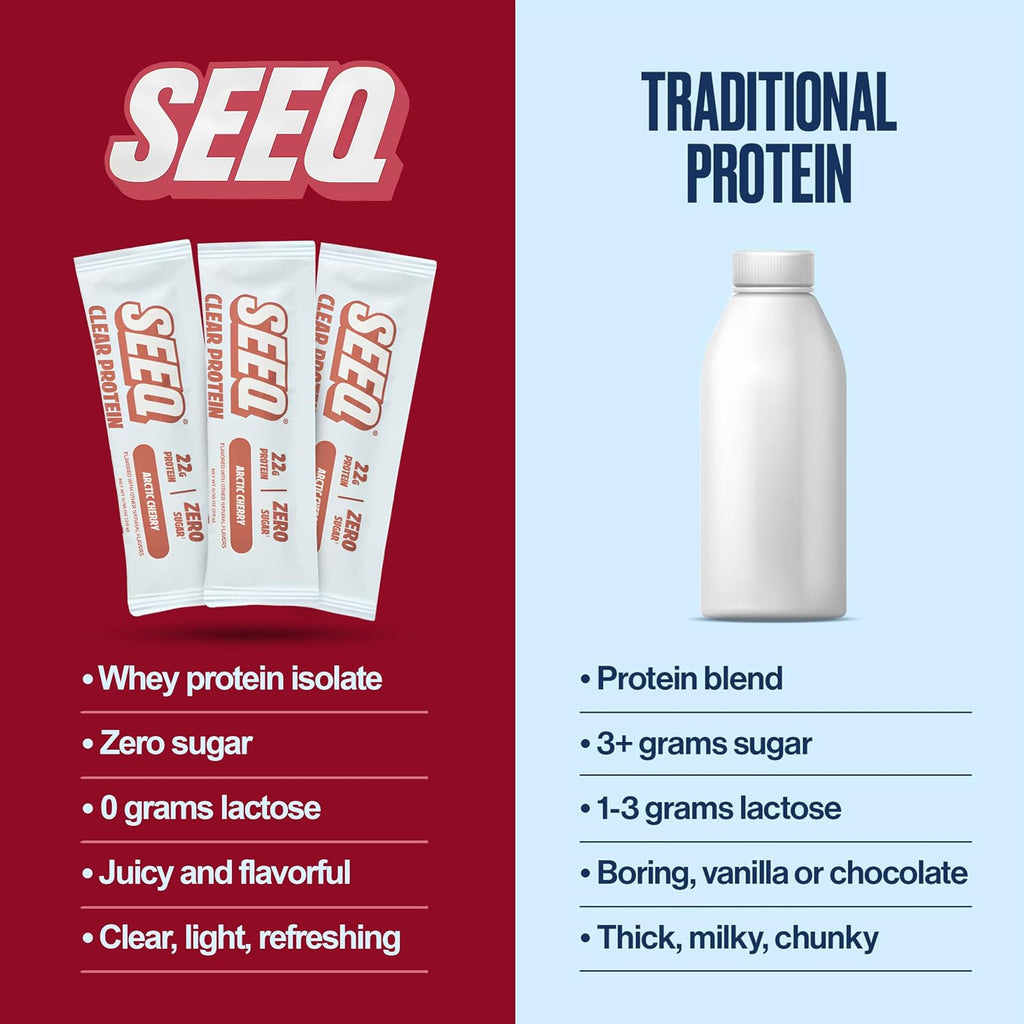 SEEQ Clear Protein Powder Arctic Cherry - Limited Edition - 18 On-The-Go Sticks - 22g Clear Whey Protein Isolate - Zero Sugar - 0g Lactose - Allergen Friendly - GLP1 Support - Post Workout Recovery