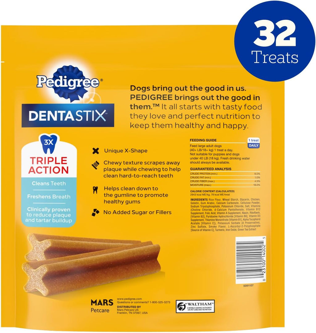 Pedigree Dentastix Large Breed Dental Dog Treats, Original, 32 Count | Triple action dental care, reduces tartar, cleans teeth, freshens breath, for dogs 40+ lbs, no added sugar/fillers