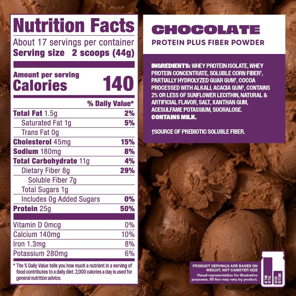 Premier Protein Powder Plus Fiber, Chocolate, 25g Protein, 7g Fiber to Support Gut Health, No Added Sugar (17 Servings)