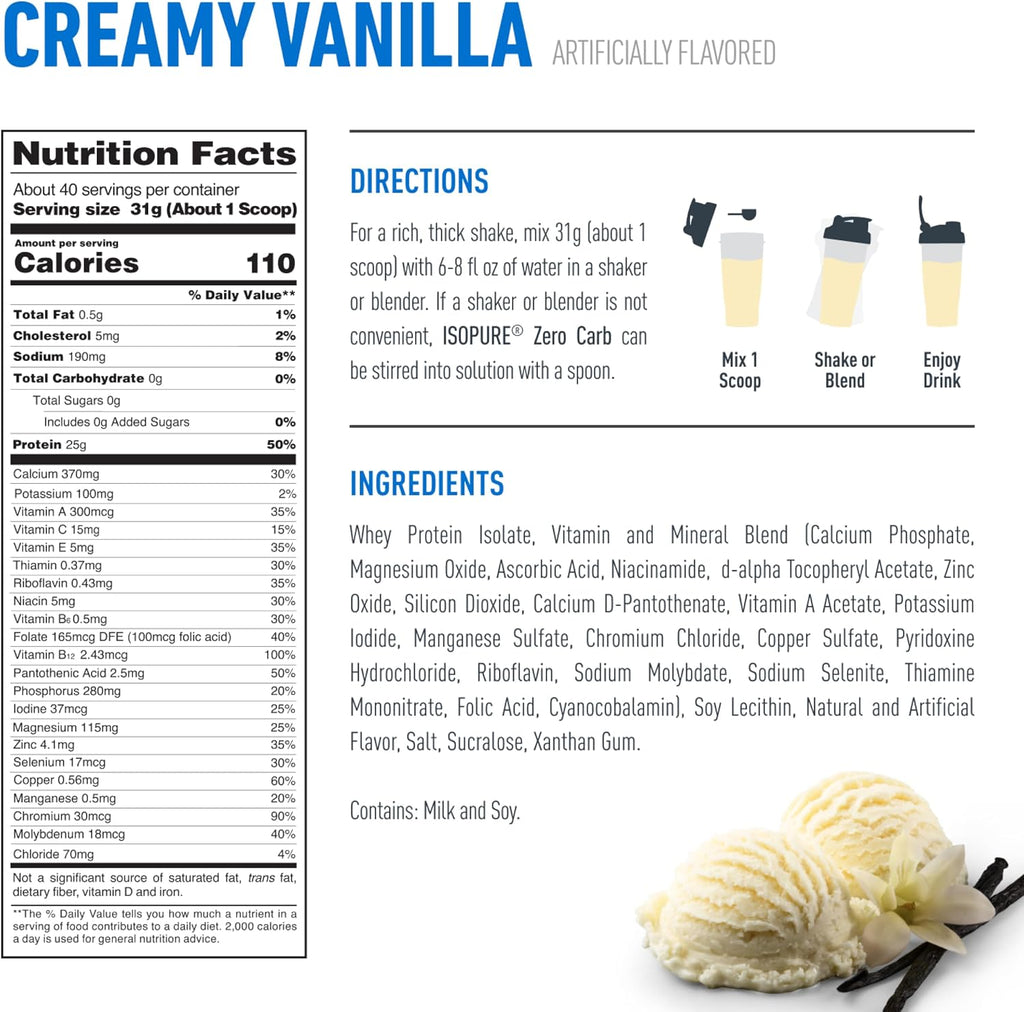 Isopure Zero Carb Whey Isolate Protein Powder, Creamy Vanilla 3 LB