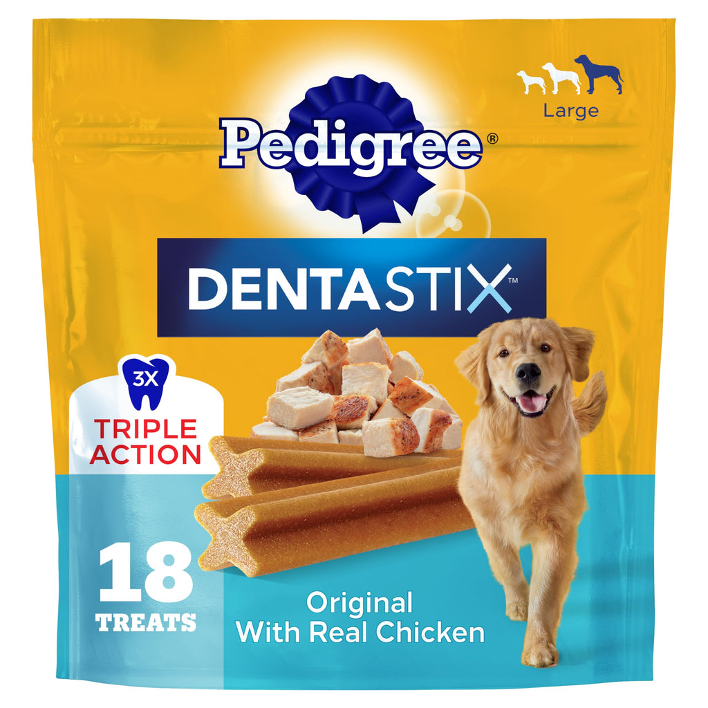 Pedigree Dentastix Large Breed Dental Dog Treats, Original, 32 Count | Triple action dental care, reduces tartar, cleans teeth, freshens breath, for dogs 40+ lbs, no added sugar/fillers
